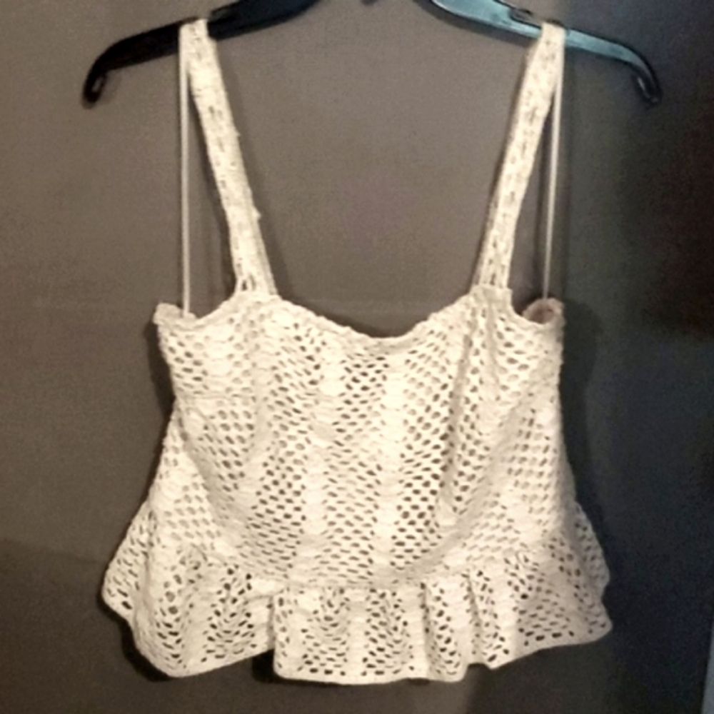 Lucy Paris Crochet Lined Tank Top W/ Ruffle Hem. Beige. Sz Large. New With Tag